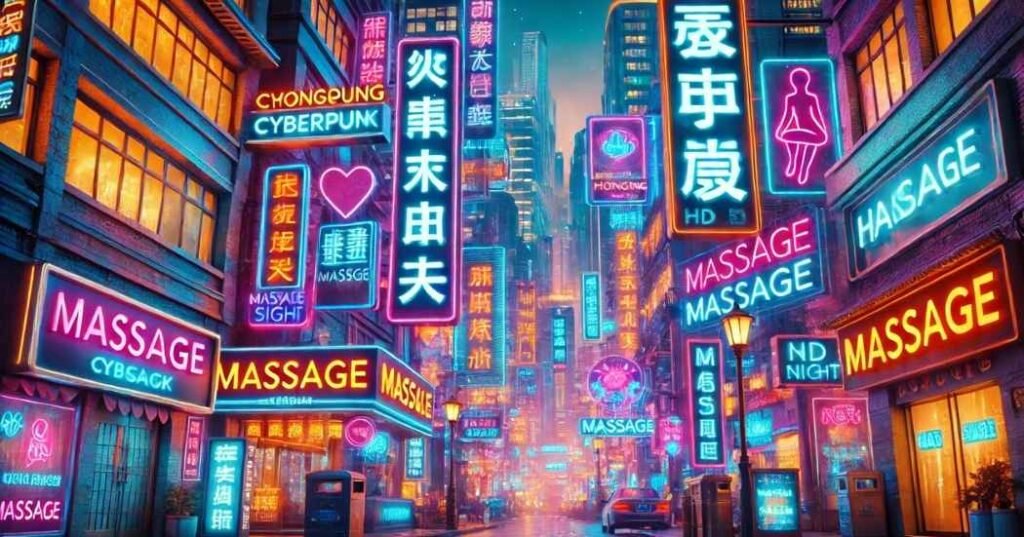 neon lights Chongqing cyberpunk city neon hanzi massage sign